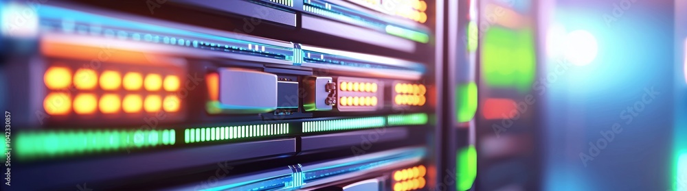 Fototapeta premium Data flow through a dark data center displaying LED lights on server racks
