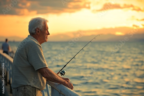 Wallpaper Mural Elderly man with white hair, wearing a casual shirt and shorts, fishing from a pier at sunset with the sea in the background 1 Torontodigital.ca