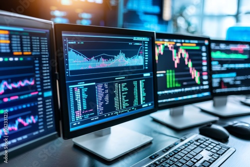 Wallpaper Mural Numerous monitors displayed on the wall, each displaying a variety of screens, Multiple computers depicting real-time data analysis, Stock data analysis Torontodigital.ca