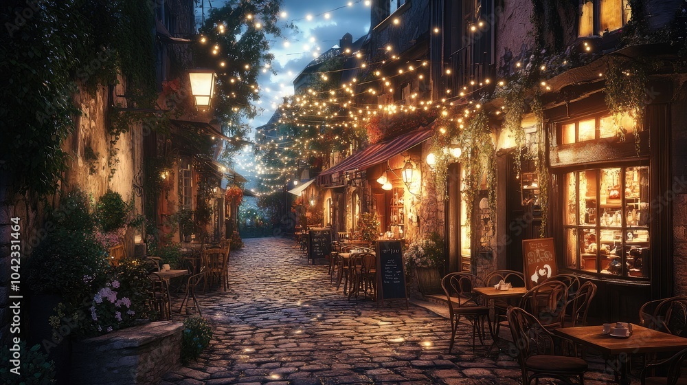 Fototapeta premium Enchanted Night in a Charming Cobblestone Alley