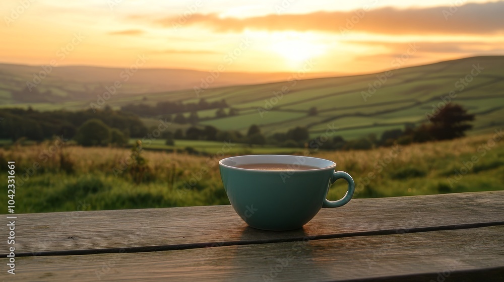 A single cup of tea sits on a wooden table overlooking a beautiful sunset with rolling hills in the distance. A single cup of tea sits on a wooden table overlooking a beautiful sunset with rolling hills in the distance.