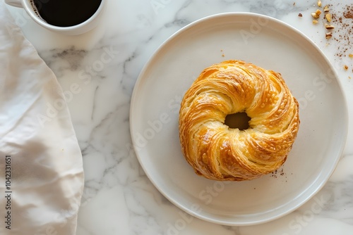 Kouign amann on a plate with beautiful decoration. photo