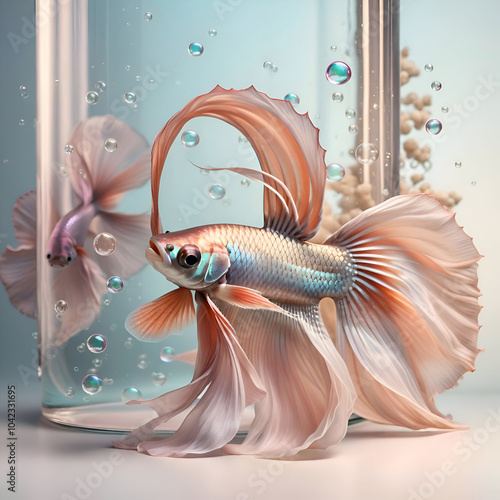 stunning soft grey background with azure-peach betta fish and design elements. 3D render digital  artwork for branding and design . Ai generated photo