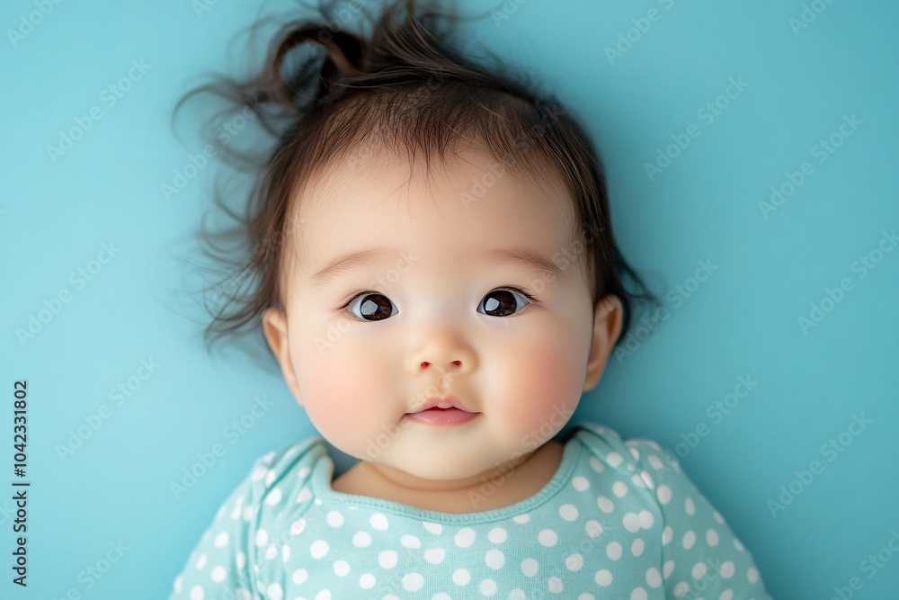 Asian baby girl with chubby cheeks and almond-shaped eyes, lying on a light blue background 4 Asian baby girl with chubby cheeks and almond-shaped eyes, lying on a light blue background 4