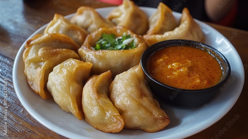 Delicious Dumplings with Spicy Sauce on a Plate Delicious Dumplings with Spicy Sauce on a Plate
