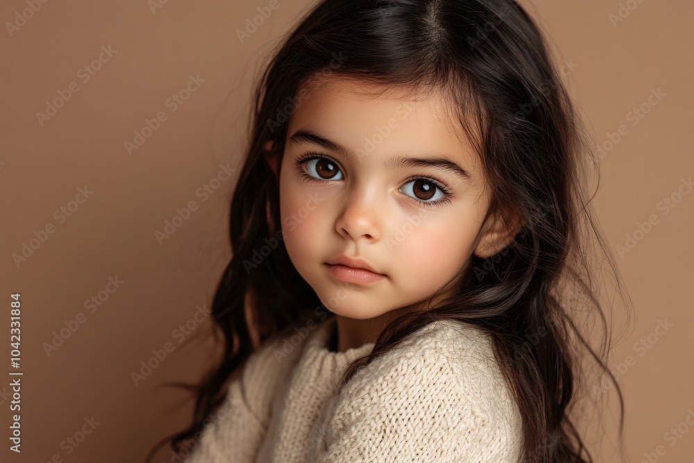 Arab child girl with long dark hair and olive skin, posing on a beige background 3 Arab child girl with long dark hair and olive skin, posing on a beige background 3