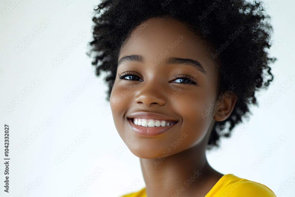 African teenage girl with short curly hair, wearing bright colors, smiling on a white background 3 African teenage girl with short curly hair, wearing bright colors, smiling on a white background 3