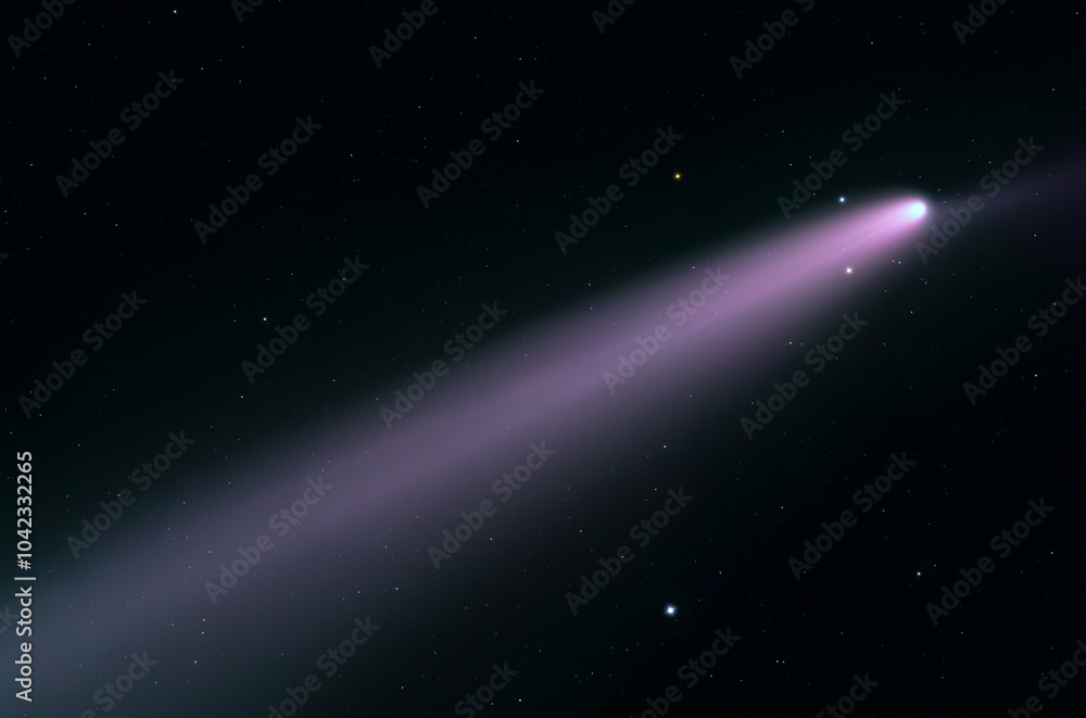 Fototapeta premium The comet traveling through space, with a long, bright tail extending outward. The tail is colored in a striking purple or pinkish hue.