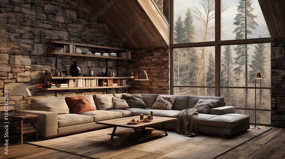 Fototapeta premium Rustic living room with a corner sofa and stone wall, creating a warm, farmhouse-style retreat.