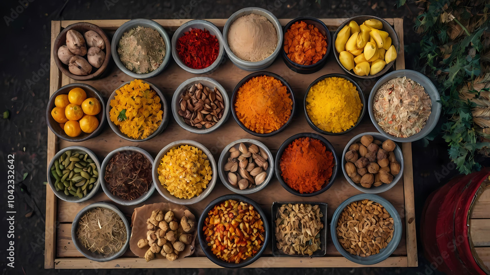 colorful display of spices and ingredients colorful display of spices and ingredients