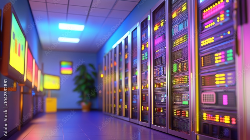 Fototapeta premium Typical side view of a modern data center, showing rows of servers and advanced cooling systems