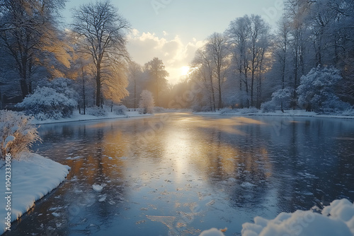 A frozen lake with a layer of ice, surrounded by snow-covered trees, and soft winter light reflecting off the icy surface, creating a serene and peaceful winter scene. 