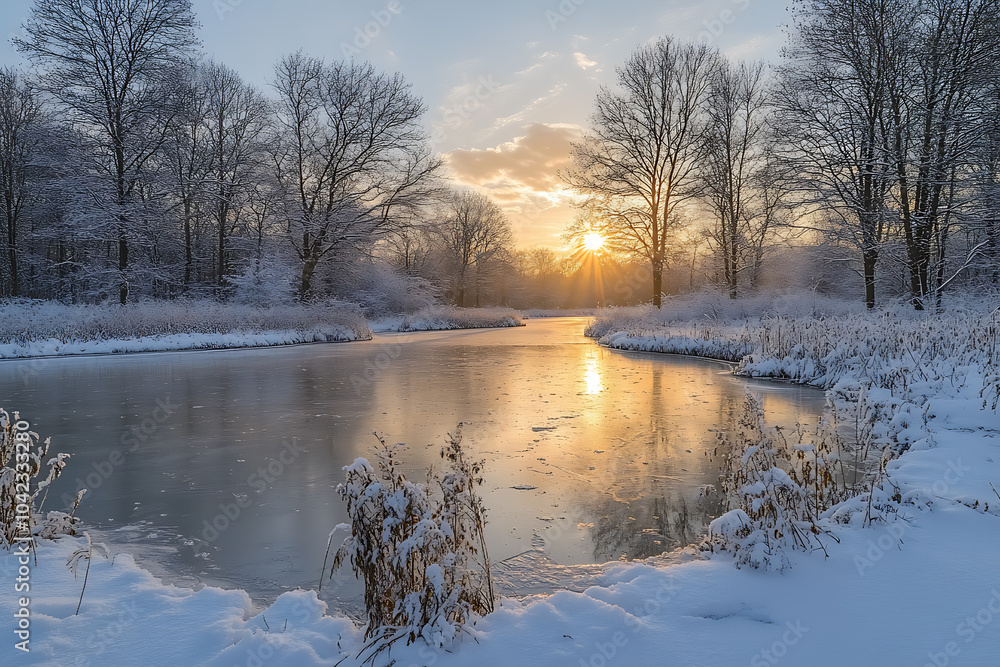 A frozen lake with a layer of ice, surrounded by snow-covered trees, and soft winter light reflecting off the icy surface, creating a serene and peaceful winter scene.
A frozen lake with a layer of ice, surrounded by snow-covered trees, and soft winter light reflecting off the icy surface, creating a serene and peaceful winter scene.