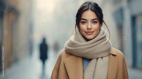 Smiling woman in a cozy scarf walks down a misty city street, AI