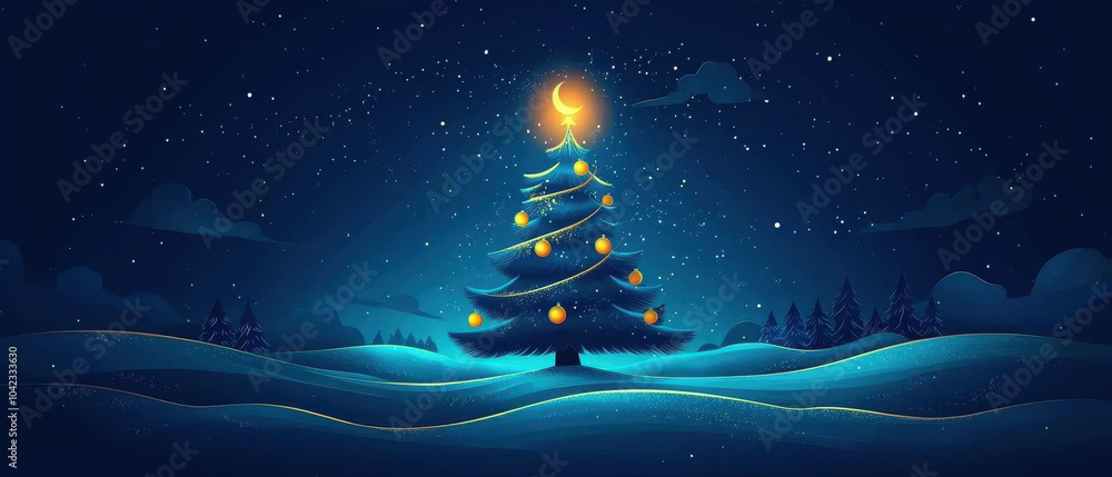 A serene, snowy night scene featuring a beautifully lit Christmas tree, exuding a cozy holiday spirit amidst twinkling stars. A serene, snowy night scene featuring a beautifully lit Christmas tree, exuding a cozy holiday spirit amidst twinkling stars.