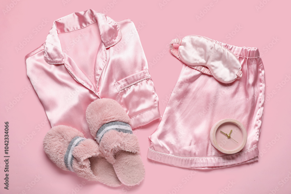 Silk pajamas with sleeping mask, slippers and alarm clock on pink background Silk pajamas with sleeping mask, slippers and alarm clock on pink background