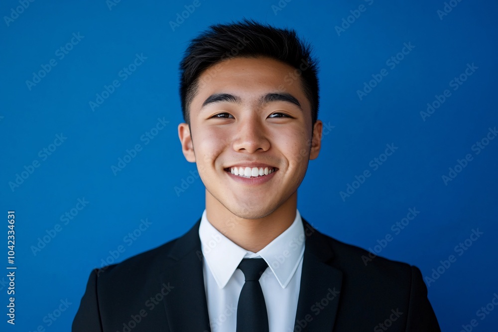 Young Asian man with short hair, wearing business attire, smiling warmly on a blue background 3 Young Asian man with short hair, wearing business attire, smiling warmly on a blue background 3