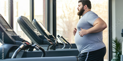 Overweight fat man running treadmill machine in the gym. Obesity, cardio exercises for weight loss