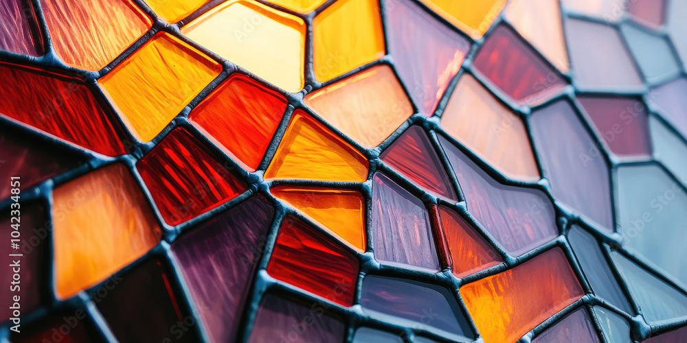 Fototapeta premium Texture of colorful stained glass on window glass. Vintage art of stained glass mosaic, painted glass