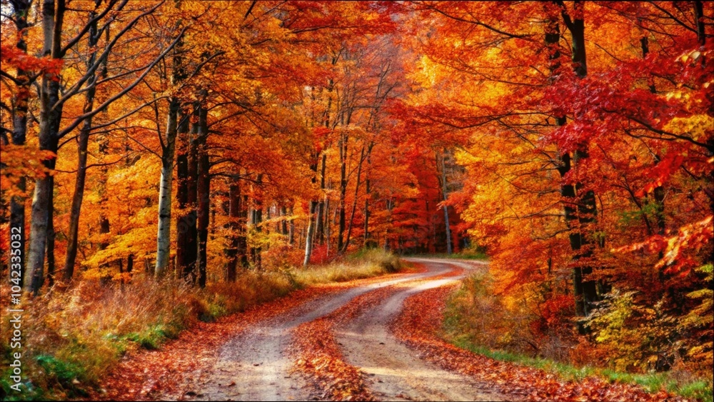 A dirt road winding through a forest of vibrant autumn trees, showcasing the beauty of fall foliage A dirt road winding through a forest of vibrant autumn trees, showcasing the beauty of fall foliage