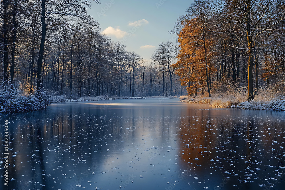 A frozen lake with a layer of ice, surrounded by snow-covered trees, and soft winter light reflecting off the icy surface, creating a serene and peaceful winter scene.
A frozen lake with a layer of ice, surrounded by snow-covered trees, and soft winter light reflecting off the icy surface, creating a serene and peaceful winter scene.