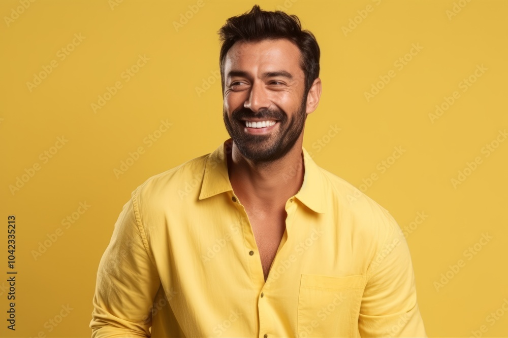Portrait of a handsome young man smiling and looking at camera over yellow background Portrait of a handsome young man smiling and looking at camera over yellow background