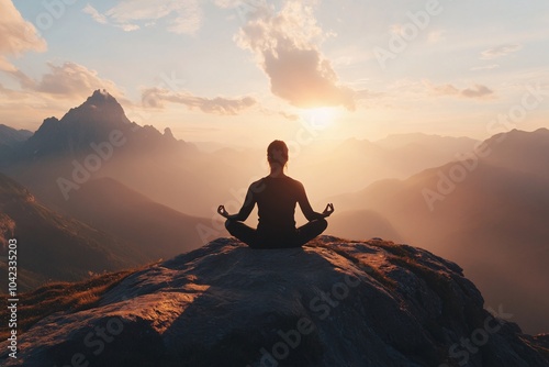 Person meditating on a mountain top at sunrise, serene atmosphere 3