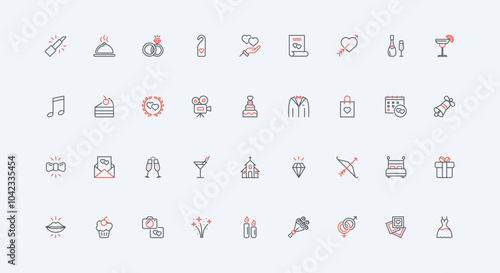 Marriage, wedding ceremony line icon set. Rings, dress and suit of bride and groom, invitation and restaurant banquet, Cupids arrow to heart thin black and red outline symbols vector illustration