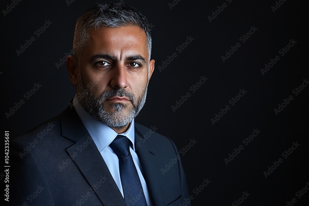 Middle-aged Arab man with a short beard, wearing a suit and tie, looking serious on a black background 3 Middle-aged Arab man with a short beard, wearing a suit and tie, looking serious on a black background 3