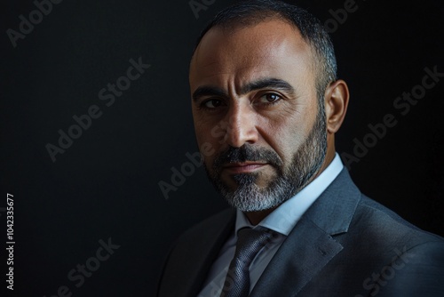 Middle-aged Arab man with a short beard, wearing a suit and tie, looking serious on a black background 6