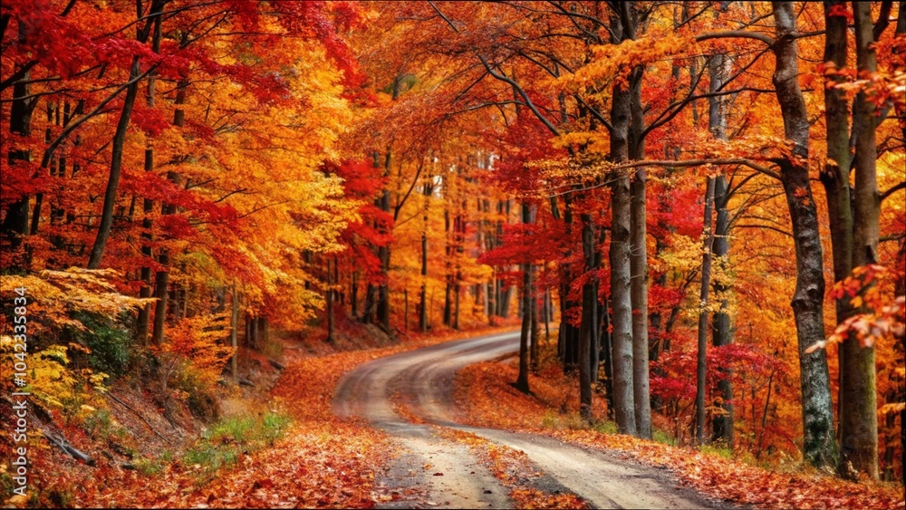 Fototapeta premium A dirt road winding through a forest of vibrant autumn trees, showcasing the beauty of fall foliage