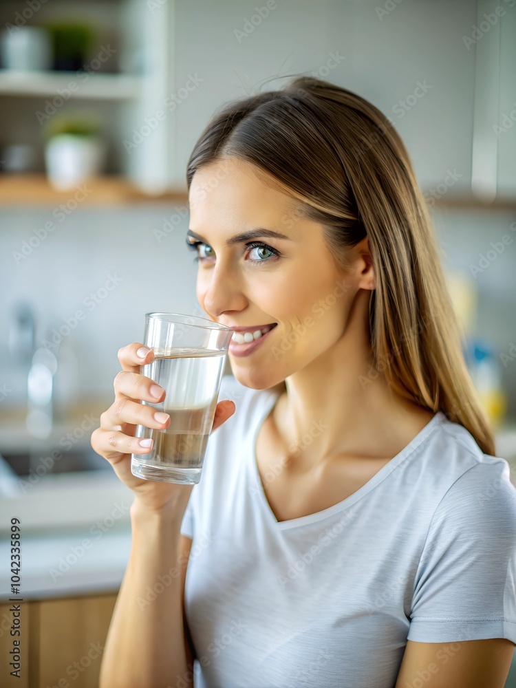 Person drinking water from a glass in the kitchen Person drinking water from a glass in the kitchen