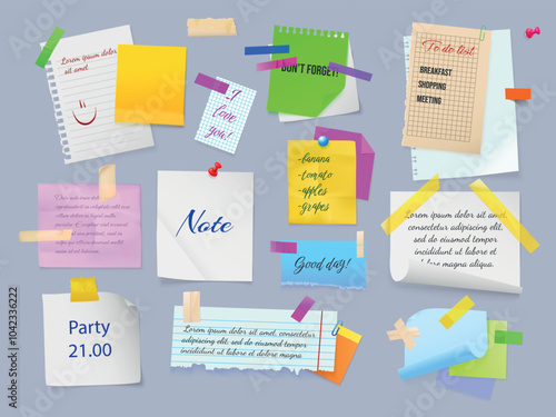 Realistic sticky notes. Paper note or torn memo stickers, bookmark notepad page school memory sheet bulletin notice on clip or pin message list set exact 3d vector illustration