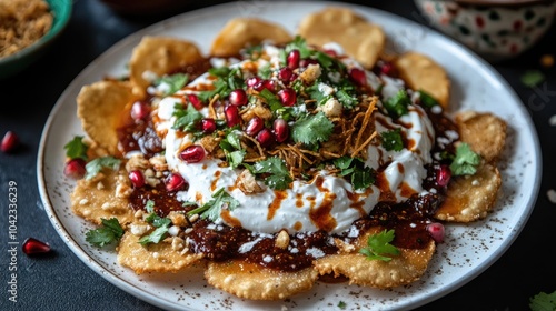 Flavorful Indian Snack with Yogurt and Pomegranate Seeds