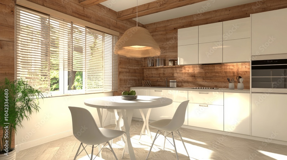White furniture, a table and two chairs, and wood accents on the walls, ceiling, and backsplash characterize this chic and contemporary kitchen. White furniture, a table and two chairs, and wood accents on the walls, ceiling, and backsplash characterize this chic and contemporary kitchen.