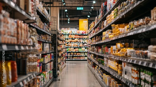 Supermarket aisle filled with various food products on display photo