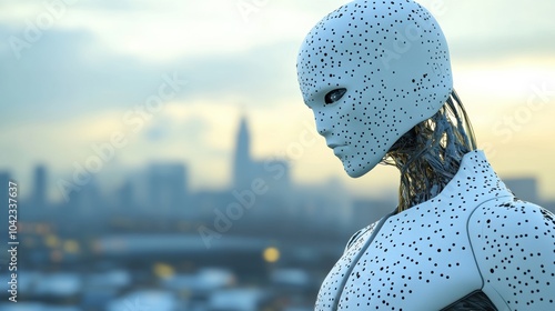 AI humanoid robot overlooking a cityscape at dusk, AI