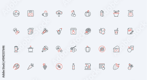 Healthy nutrition, vegetarian, gluten and fast food free diet for body health line icon set. Calendar menu planning with nutritionist, weight loss thin black and red outline symbol vector illustration