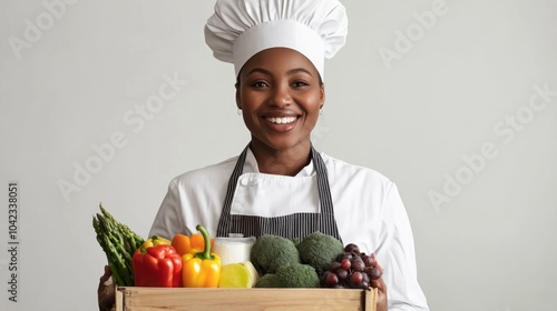 Fototapeta Naklejka Na Ścianę i Meble -  A smiling female chef in a white uniform and chef's hat holds a wooden crate full of fresh produce.