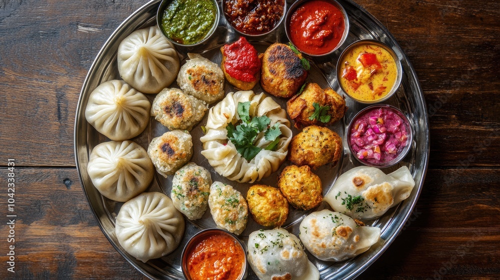 Assorted Dumplings and Sauces on Metal Platter Assorted Dumplings and Sauces on Metal Platter