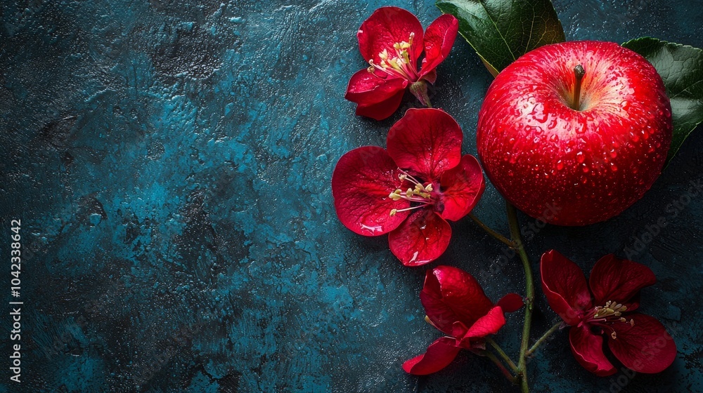 Fresh red apple and red blossoms on a dark textured surface Fresh red apple and red blossoms on a dark textured surface