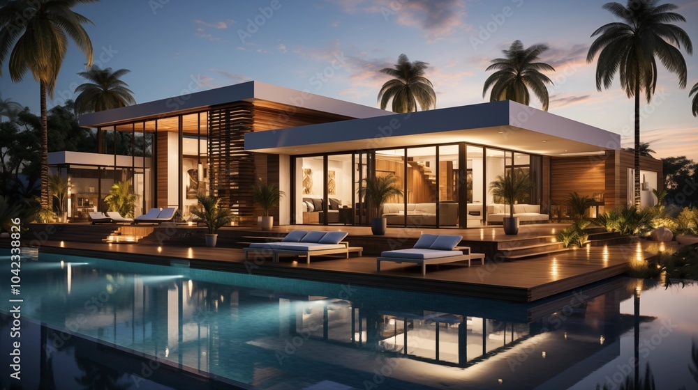 Modern cubic villa exterior with pool and palms, combining minimalist design with serene outdoor space. Modern cubic villa exterior with pool and palms, combining minimalist design with serene outdoor space.