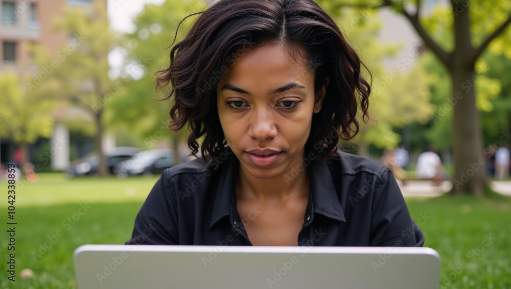 A young woman works outside at a city park with her laptop A young woman works outside at a city park with her laptop