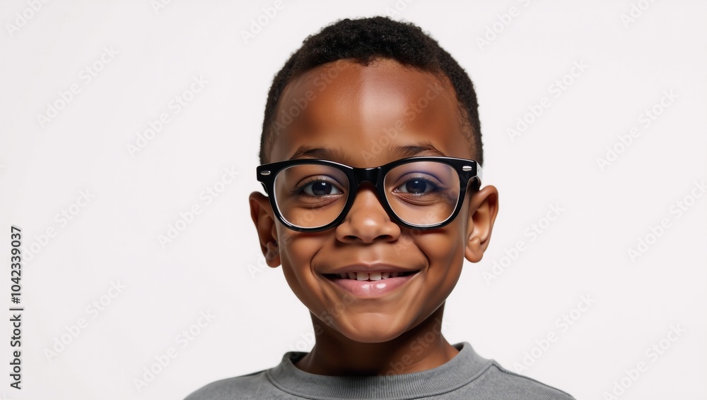 Portrait of an adorable African American boy wearing oversized glasses embodying innocence and curiosity on a stark white backdrop Portrait of an adorable African American boy wearing oversized glasses embodying innocence and curiosity on a stark white backdrop
