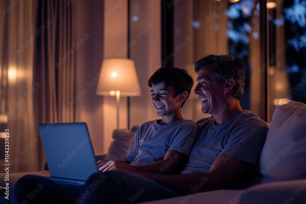 A father and son enjoy a joyful moment together while using a laptop in a cozy, dimly lit living room. A father and son enjoy a joyful moment together while using a laptop in a cozy, dimly lit living room.