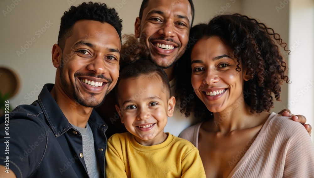 An African-American family poses for a selfie at their home An African-American family poses for a selfie at their home