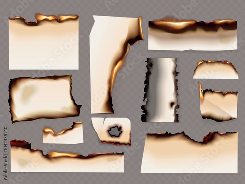 Paper burnt edges. Burn page border frame, burning ash stain realistic papers texture smoldering parchment torn rough edges fire effect scorched surface, exact vector illustration