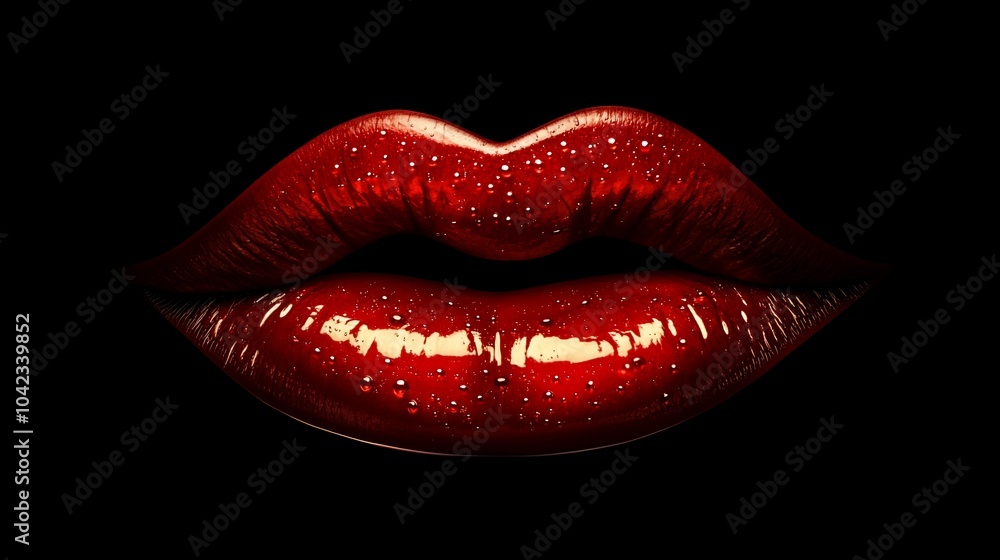 Close-up of red, glossy lips with water droplets. Close-up of red, glossy lips with water droplets.