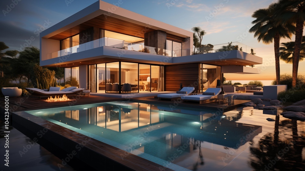 Fototapeta premium A sleek, minimalist cubic villa with a pool at sunset, capturing luxurious modern architecture.