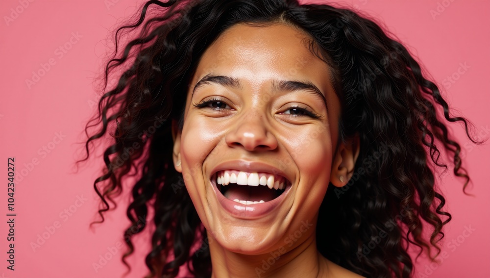Portrait of laughing African-American woman with curly hair against a pink backdrop Portrait of laughing African-American woman with curly hair against a pink backdrop